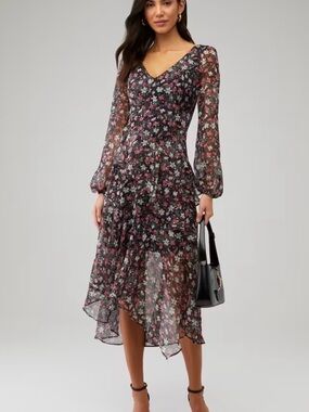 ASTR the Label Emmaline Dress in Black/Pink Burnout w Sheer Sleeves NWT